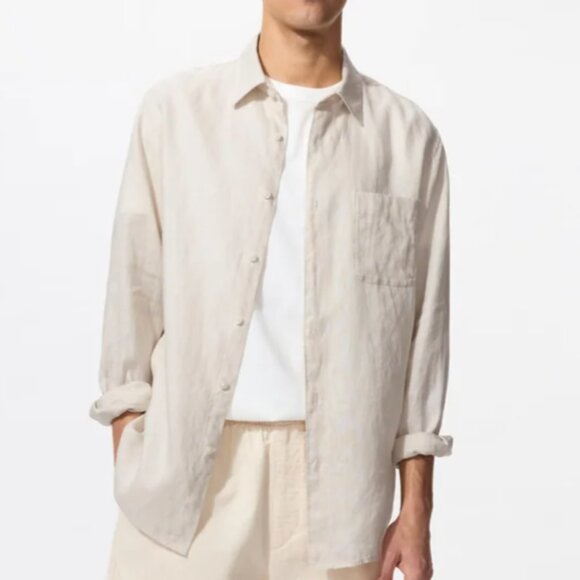 Uniqlo Other - Uniqlo Neutral Cream Long Sleeve 100%Linen Casual Button Down Shirt Front Pocket